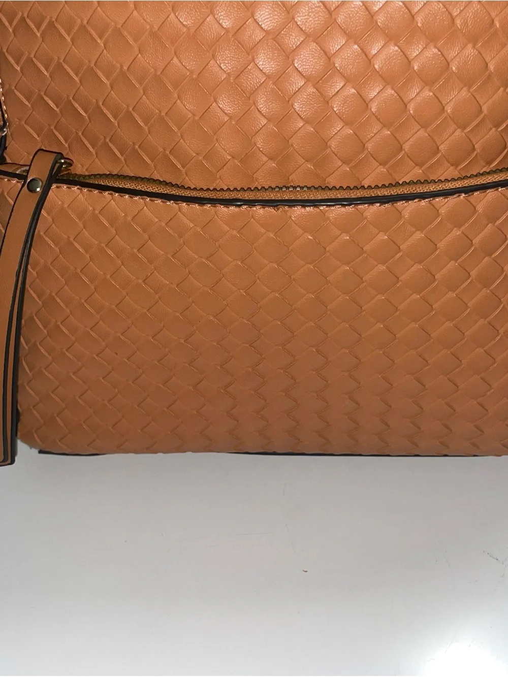 Woven Leather-Style Backpack - Brown Vegan leather